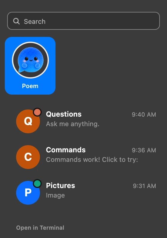 Poem’s sidebar: a search field, then one chat per project, each with its own picture and the last thing said.