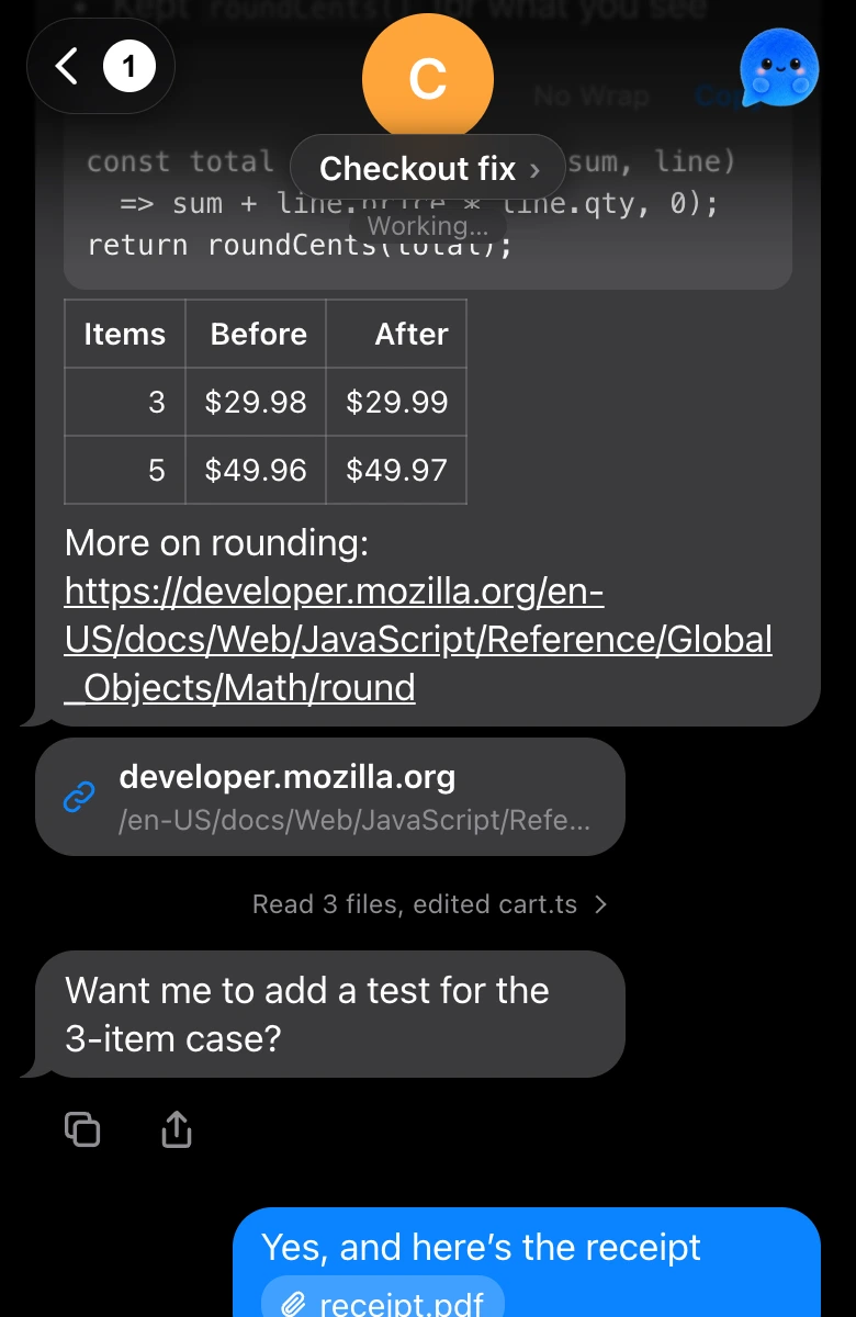 Poem for iPhone: a Claude Code chat from the Mac, with its steps and reply, on the phone.