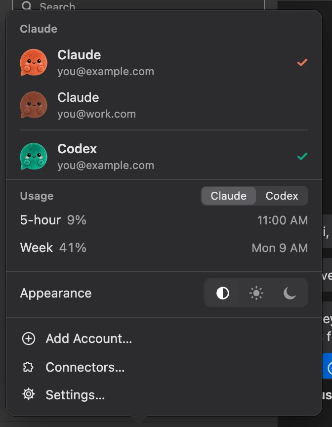 The Accounts menu with Usage: the 5-hour session and the week, each as a percentage, with when they reset.
