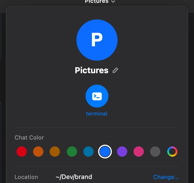 A chat’s details: its name with a pencil to rename it, and a row of chat colors to pick from.