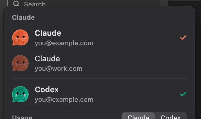 The Accounts menu: two Claude accounts and a Codex account, each signed in on its own.