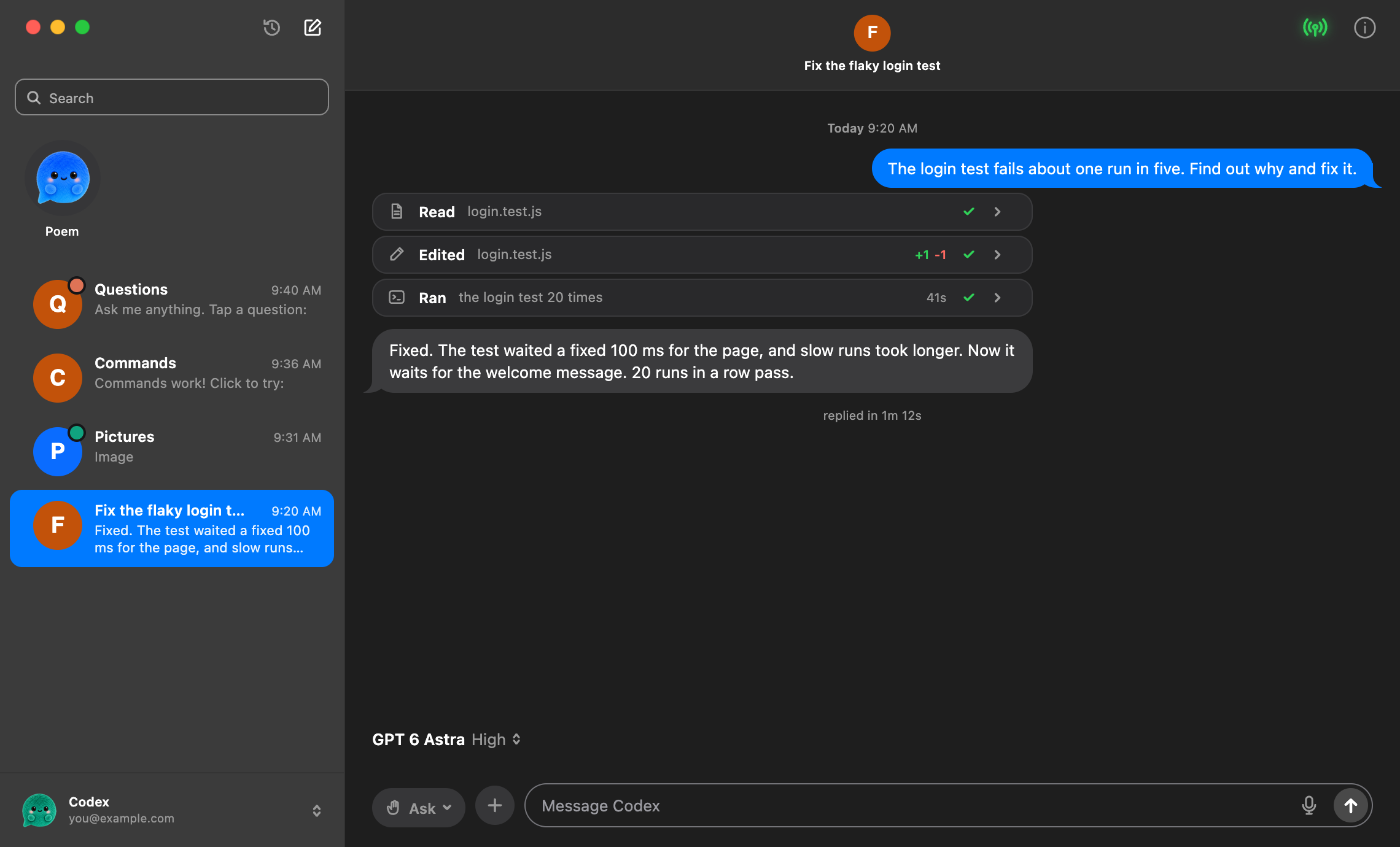 Complete Poem Mac window, with project list, conversation, model controls and composer