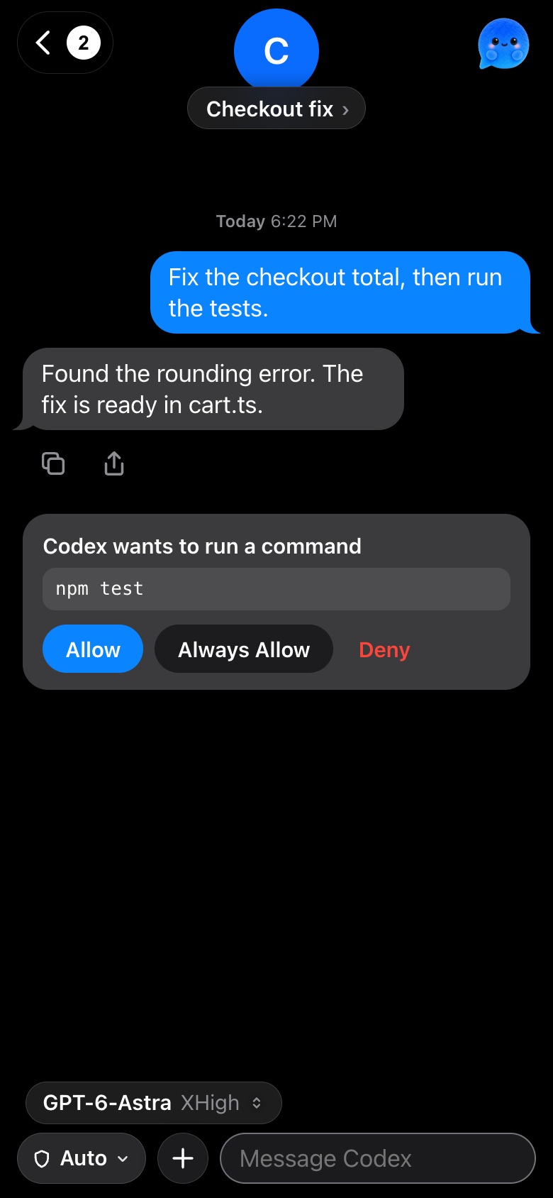 Complete Poem iPhone screen with an approval request and message composer